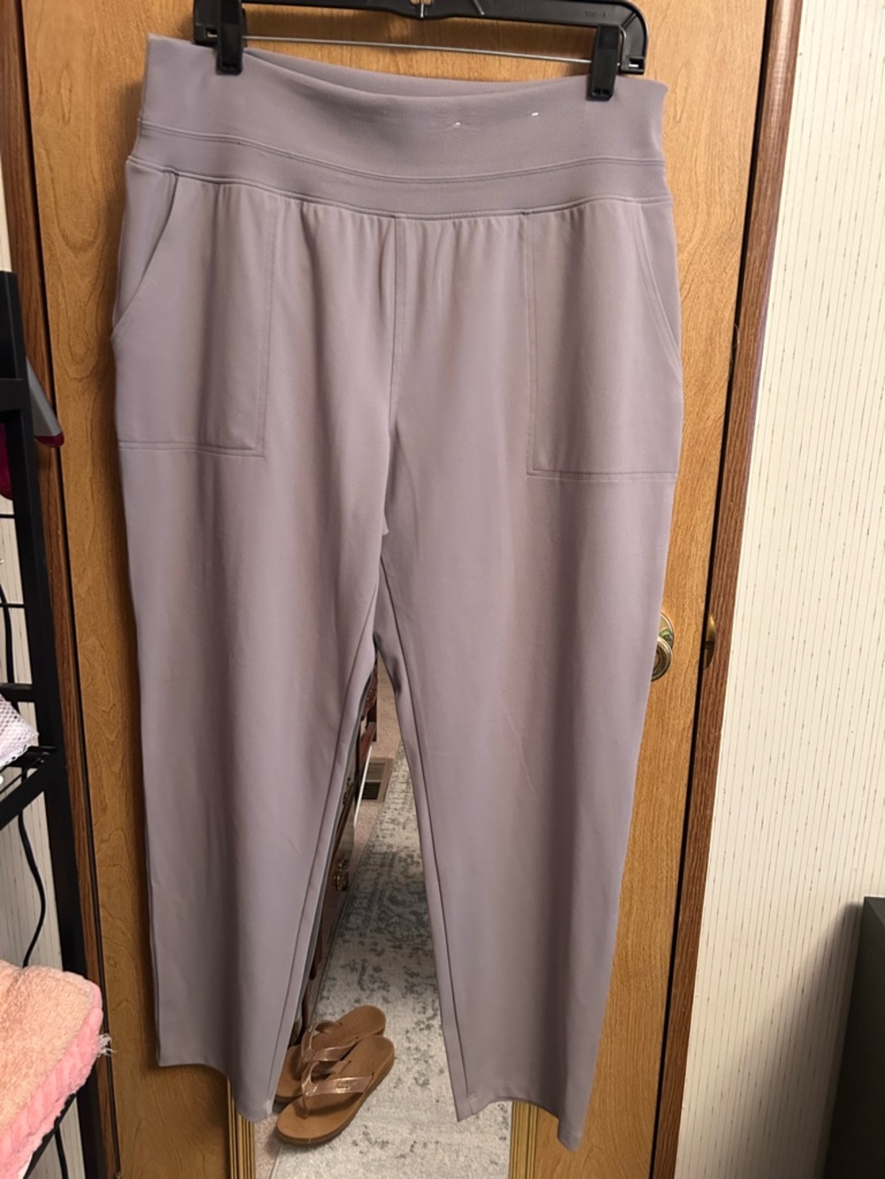 Taupe-Khaki Knit Pants with Front and Back Pockets. Smooth silhouette & drape.